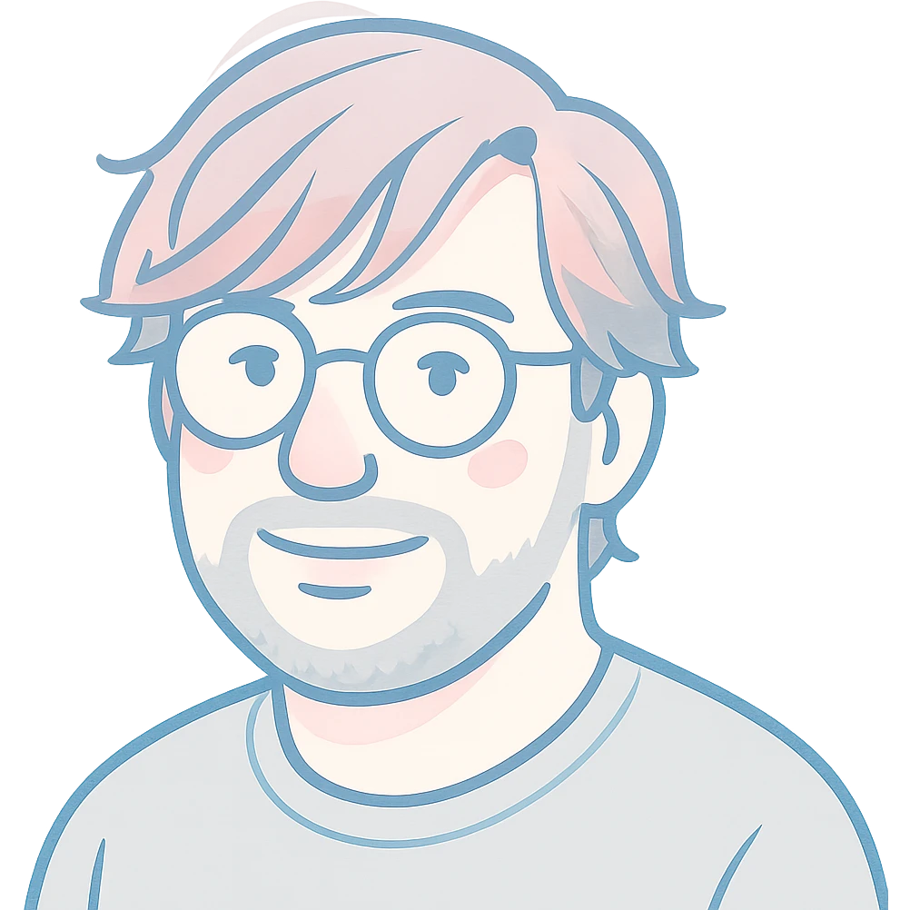 A man with round glasses, artfully messy longer hair with stylish sweeping bangs across the forehead, a round but defined face shape, and a broader nose. Use soft faded blue for outlines, subtle pink highlights on the hair and features, with gray for the short beard and shadow details. emoji