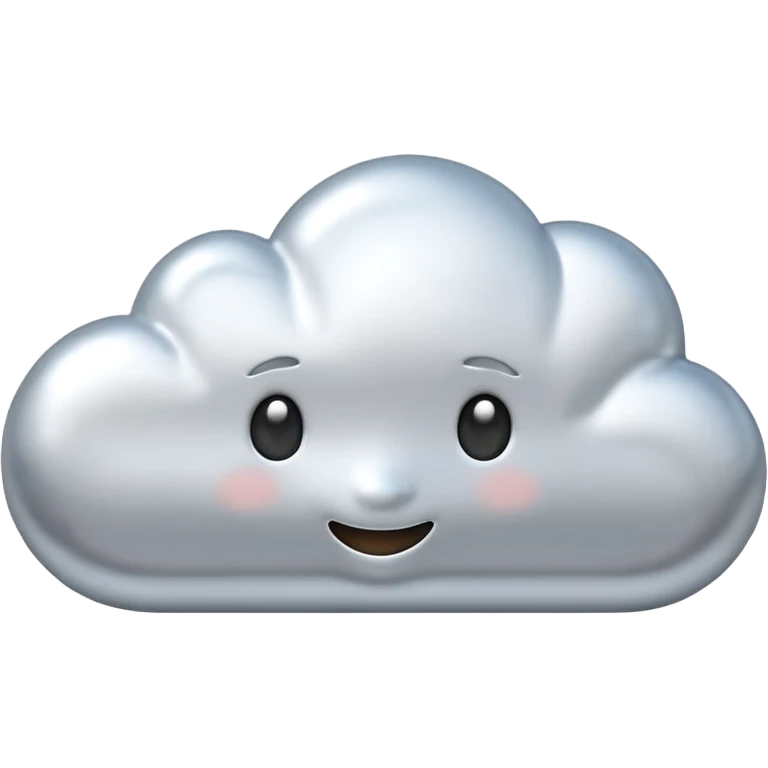 A cute cloud emoji made of silver chrome, smooth rounded shape, glossy metallic surface, soft reflections, minimal and friendly design, iOS emoji style, centered, clean white background, soft lighting emoji