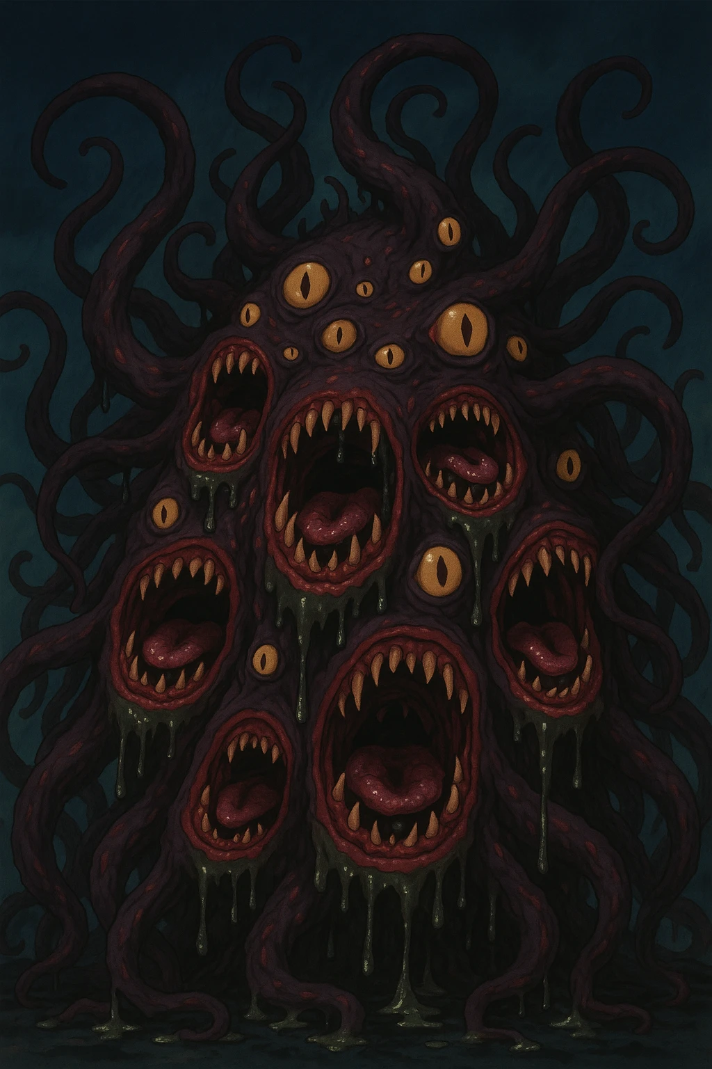 Make this eldritch horror even more disturbing: intensify grotesque features, add more writhing tentacles, extra eyes, gaping maws, dripping ichor, and a sense of cosmic dread. Horror style, unsettling, nightmarish. emoji