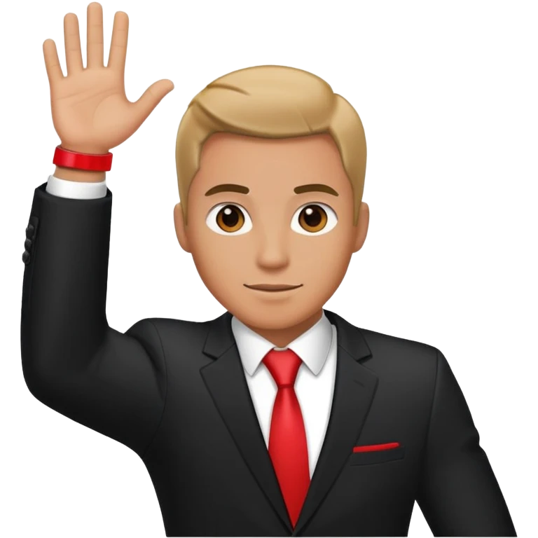 Man with black suit one hand up and a red cuff emoji