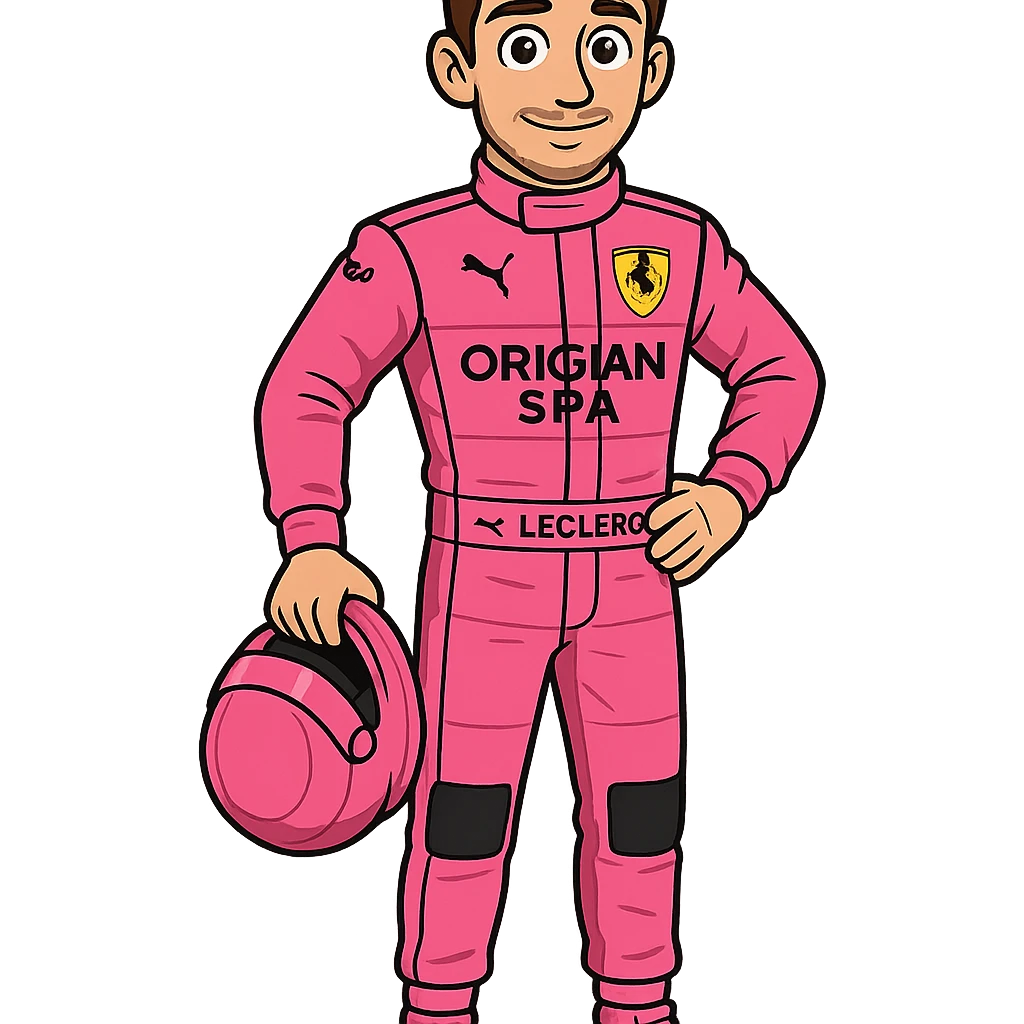Charles Leclerc in pink F1 racing suit, standing pose, cartoon style emoji