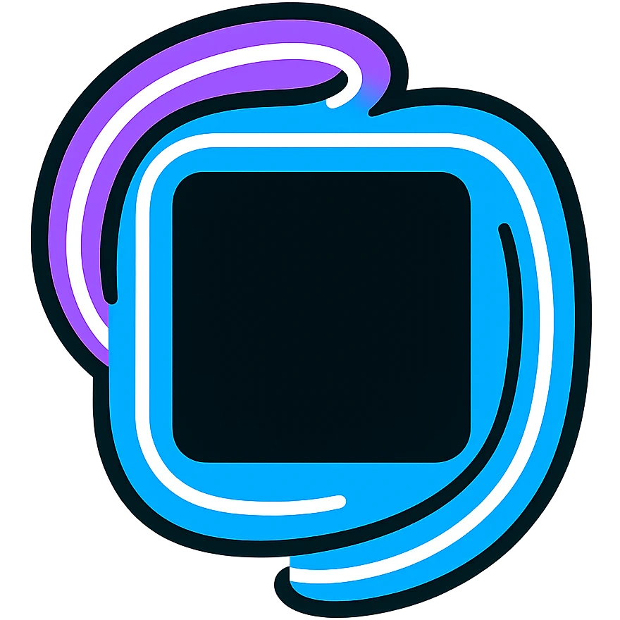 square stop symbol with dark black hole center, swirling bright purple and blue border, white neon glow emoji