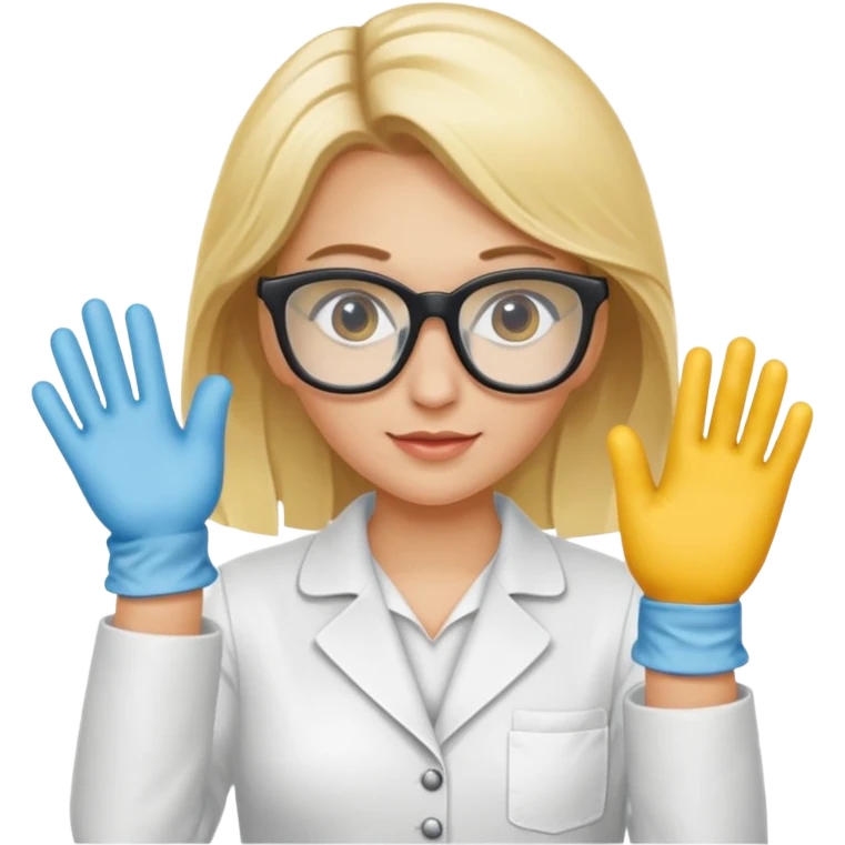 Eine hellblonde Chemikerin mit Kittel, Handschuhen großer Labor-Sicherheitsbrille und typischem Erlmeyerkolben in der Hand emoji