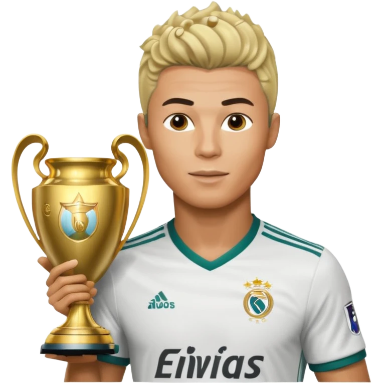 Cristiano Ronaldo holfing the champions league with noodle hair a bit longer noodle hair with a bit of blonde highlights and tge hair xoming down a bit just a bit of blonde not completely emoji