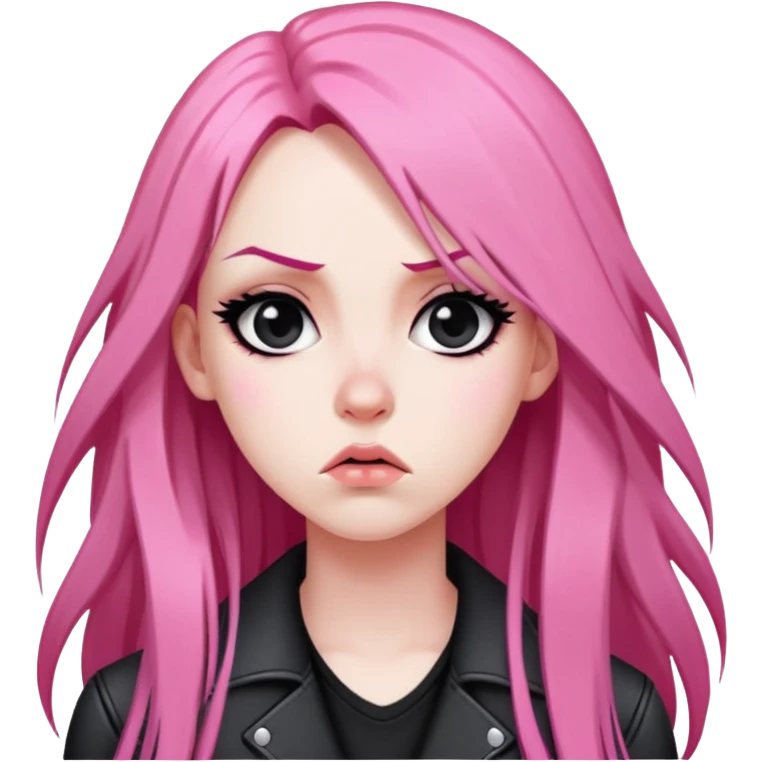 Emoji mirando hacia el costado con cara de molestia con pelo negro rosado largo de mujer metalera emoji