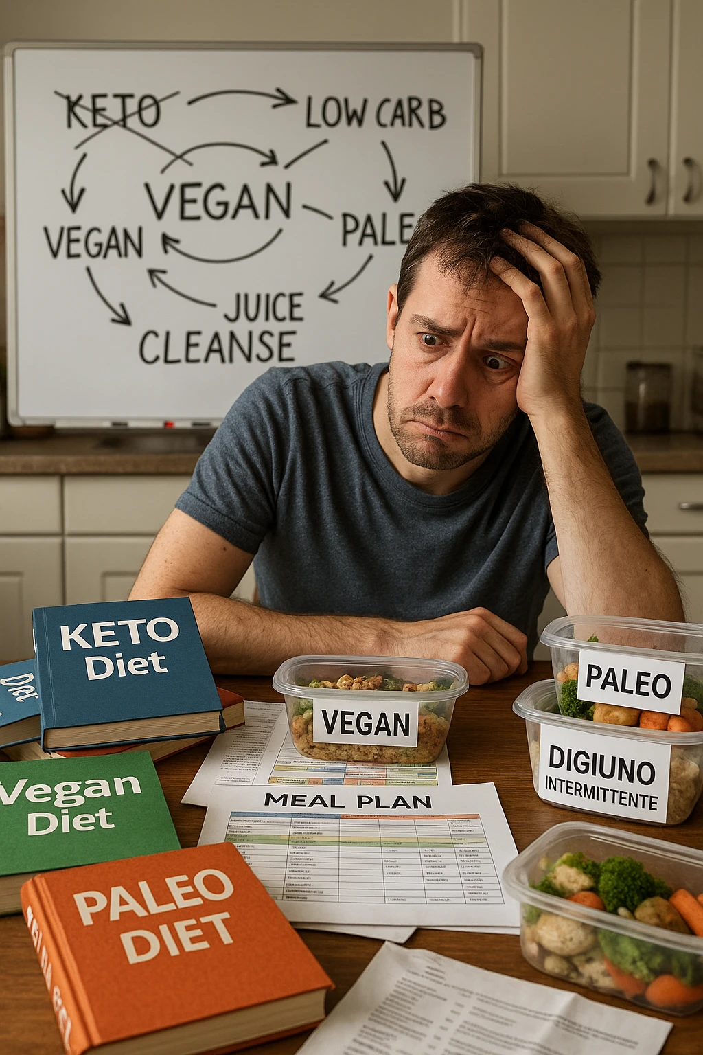 Confused man in his 30s sitting at a kitchen table cluttered with various diet books, meal plans, and food containers labeled keto, vegan, paleo, DIGIUNO INTERMITTENTE. He holds his head with one hand, looking overwhelmed and frustrated. The background shows a whiteboard full of crossed-out diet names and arrows going in circles. Expression: mental fatigue, indecision, information overload. Soft lighting, slight mess to emphasize his struggle. emoji