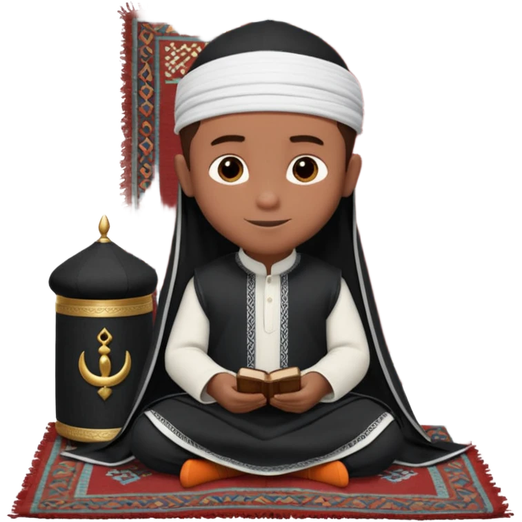 Personnage 3D mignon en style Pixar, un petit garçon portant un qamis blanc et un kufi, tenant un tapis de prière, entouré de lanternes brillantes, fond doux, couleurs chaudes, garçon teint noir TENANT UN APPAREIL PHOTO emoji