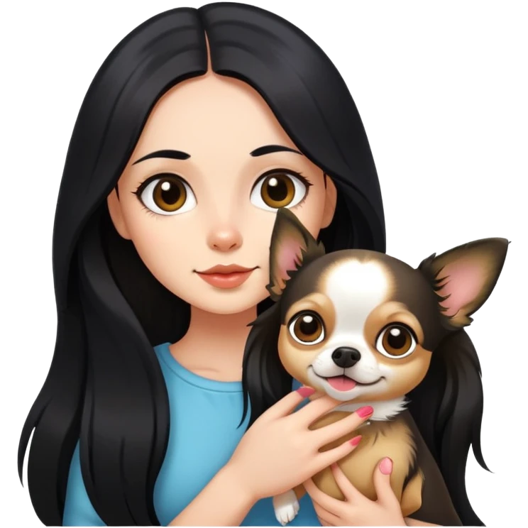 Fair skin girl - long black hair - holding a chihuahua emoji