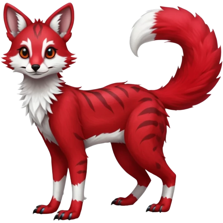 Feral Rare Fantasy   bright cherry-red fur with clean snow-white chest and muzzle Vernid-Sergal-Genet-Trico-species by LiLaiRa, random markings, tufted tail, tufted ears, full body emoji