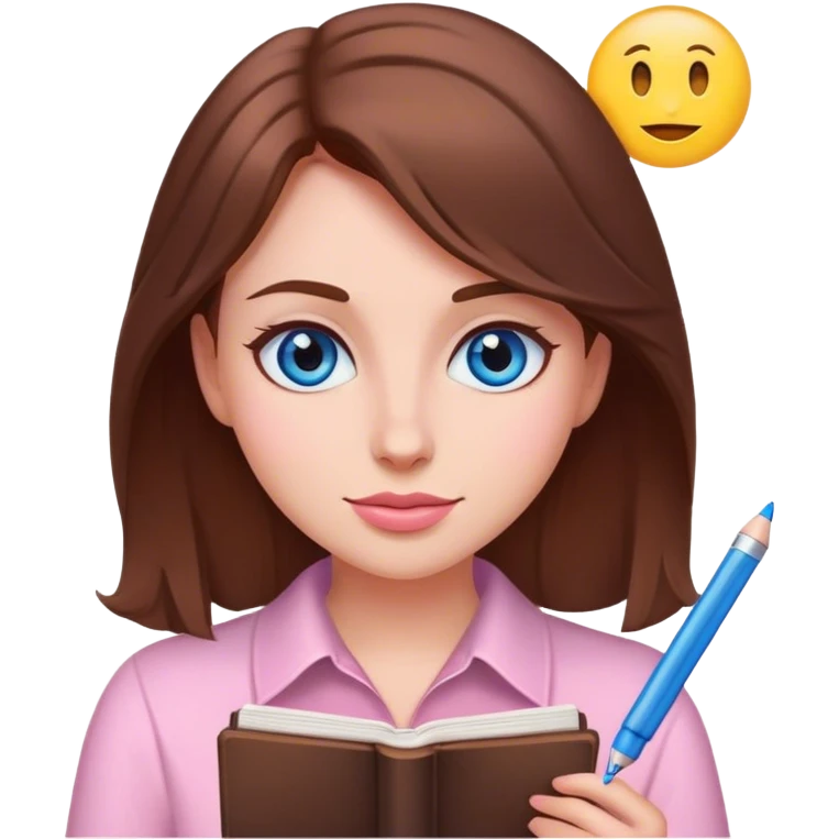 female writer with emoji face, brown hair and blue eyes writing a light pink romance novel emoji