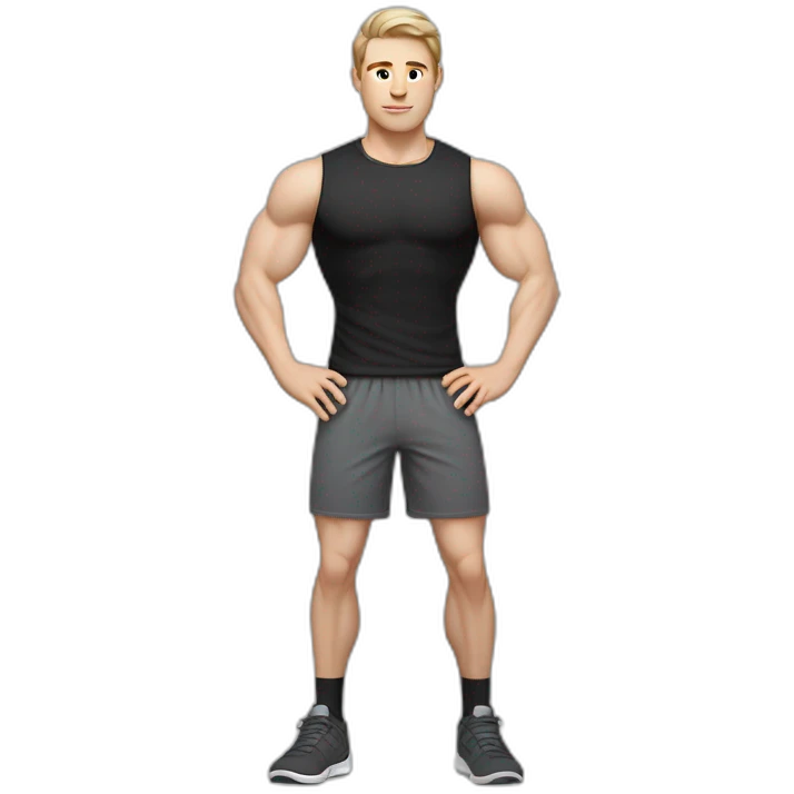 Idyll Pale skinned Fit Man With the biceps and dark brown hair in black shirt, gray sports shorts and white Sneakers emoji