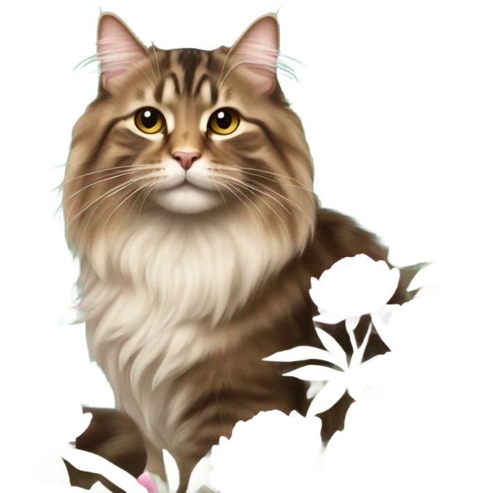 a long haired tabby in a field of peonies  emoji
