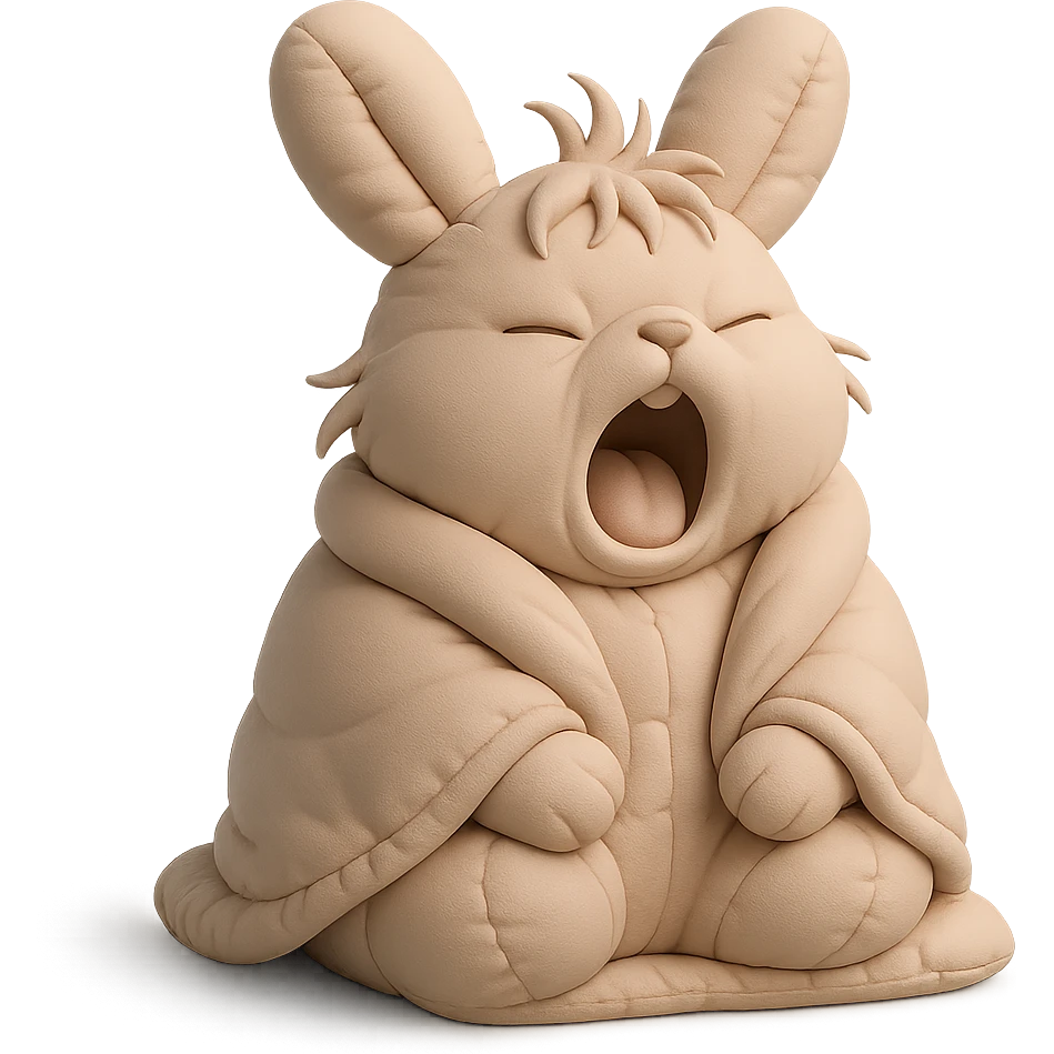 full-body pale brown bunny yawning with messy hair, blanket over shoulders, cushion style emoji