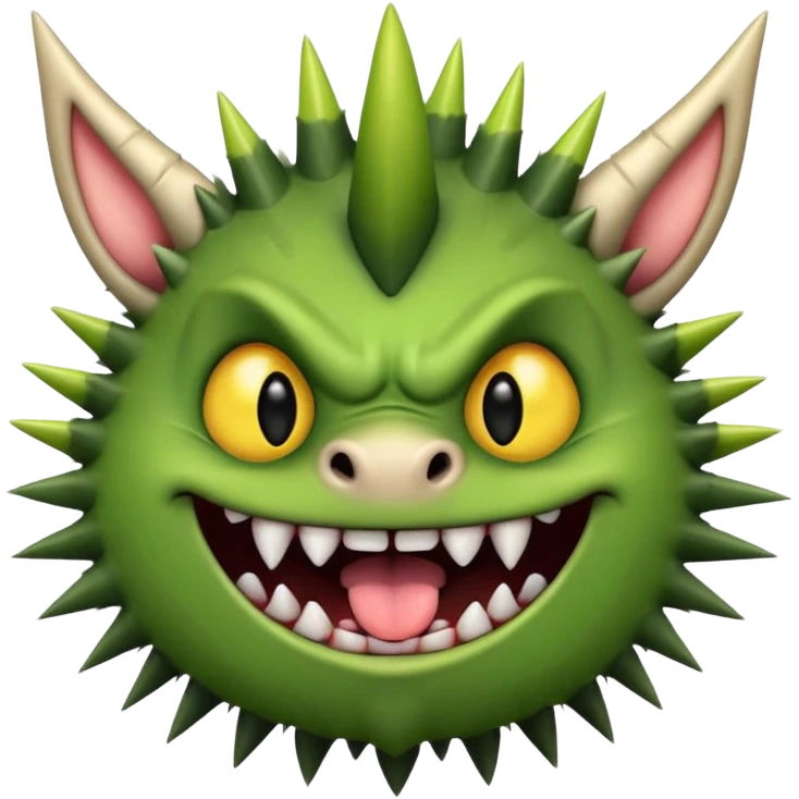 A green monster with two small black horns, spiky fur, big round yellow eyes, and a wide grin showing sharp teeth with its tongue playfully sticking out.  emoji