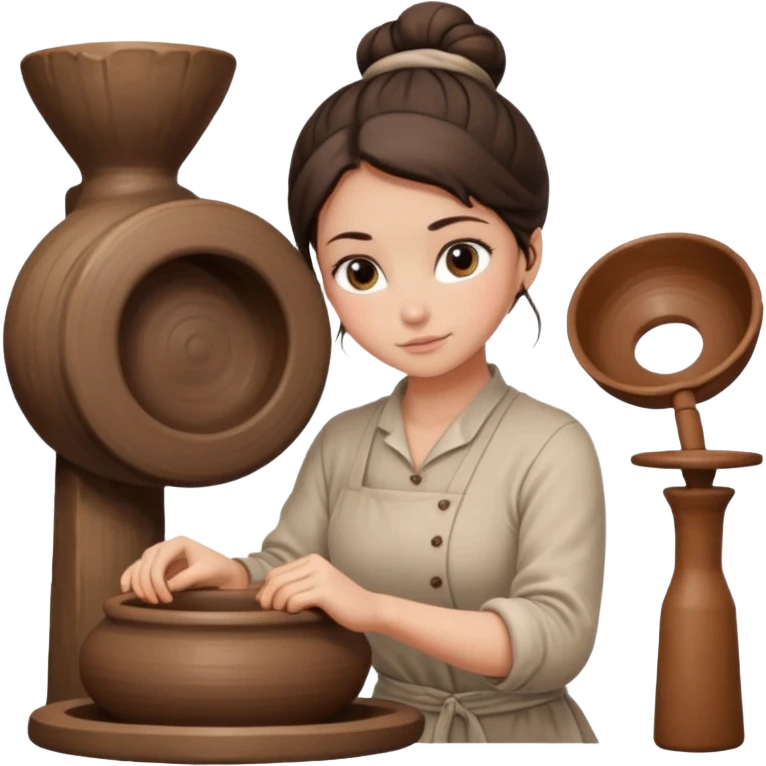 Brunette girl with a bun, behind the potter's wheel, wearing neutral clothing emoji