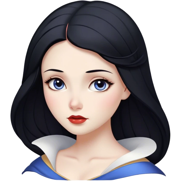 Cinematic Serene Snow White Portrait Emoji, rendered in a simplified vector style. Depict a gentle Snow White (chest and above) with flawless porcelain skin and flowing raven hair, her kind eyes and calm expression exuding a quiet, enchanting charm. The image glows softly with an inviting, pure light and is outlined with a subtle glow. emoji