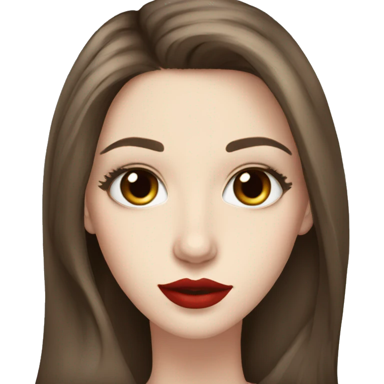 Long brown hair, brown eyes, pale skin, long eyelashes, red lips emoji