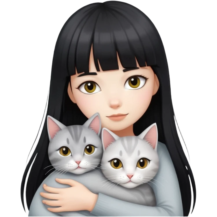 girl with long black  straight bangs hair and hugging two light grey-shared cats emoji