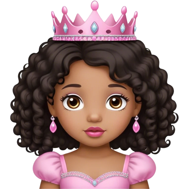princess, medium brown skin tone, very adorable toddler, with big plump lips, long long lashes, black curly long hair, brown eyes, pink tiara emoji