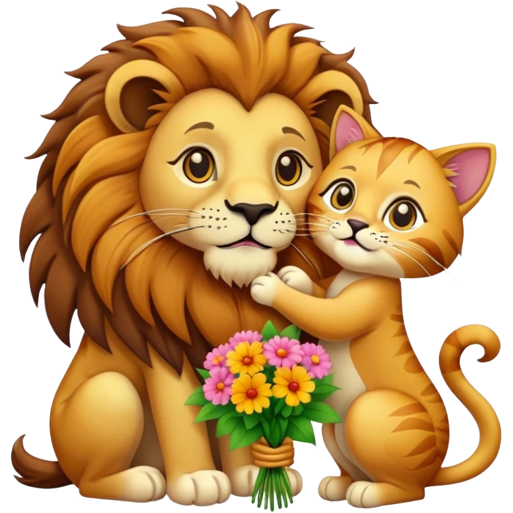 Lion give cat flowers emoji