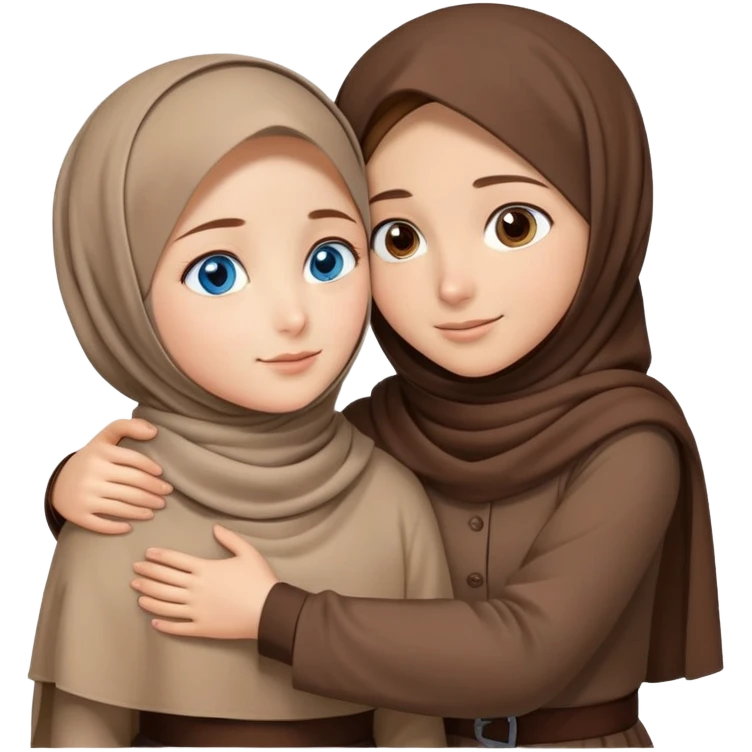 Turkish beautiful finish Konya girl blue eyes with brown beige hijab islamic dress and hugs with a boy brown haircut brother  emoji
