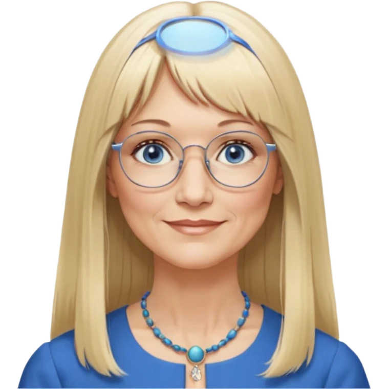 50 yr old white woman, hippie parted very long hair, short bangs, very long straight blond hair, oval face, small smile, blue eyes, thin face, hair downback, hair parted at center of head, round cheeks, pale, longer hair, business dress, long hair, big glasses emoji