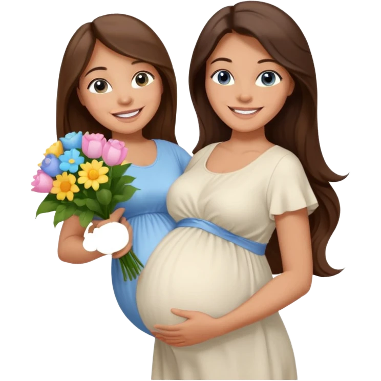 Create a cute emoji-style illustration of a young brunette woman with long brown hair, blue eyes, and a happy smile. She is pregnant, shown with a visible baby bump, wearing a simple white dress and holding a small bouquet of flowers. She looks excited and joyful, as if she's about to marry soon. emoji