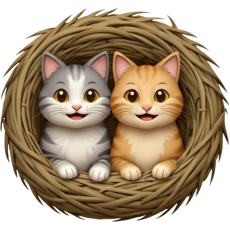two happy cats sitting in a bird's nest, emoji style, smiling faces emoji