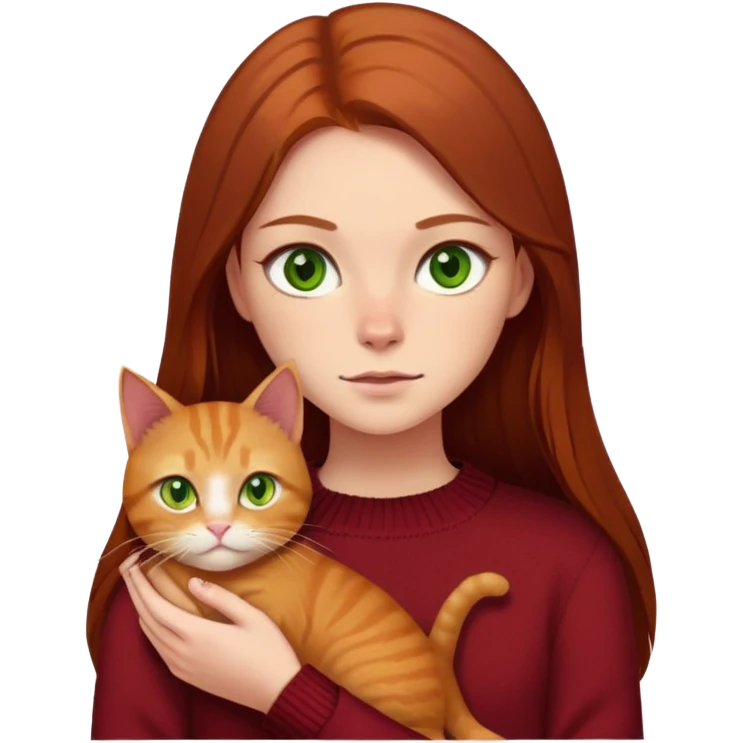  a girl with straight long brown hair, green eyes, she is wearing dark red sweater she has a scar on one eyebrow, and she is holding a ginger cat in her hands. It has yellow eyes. emoji