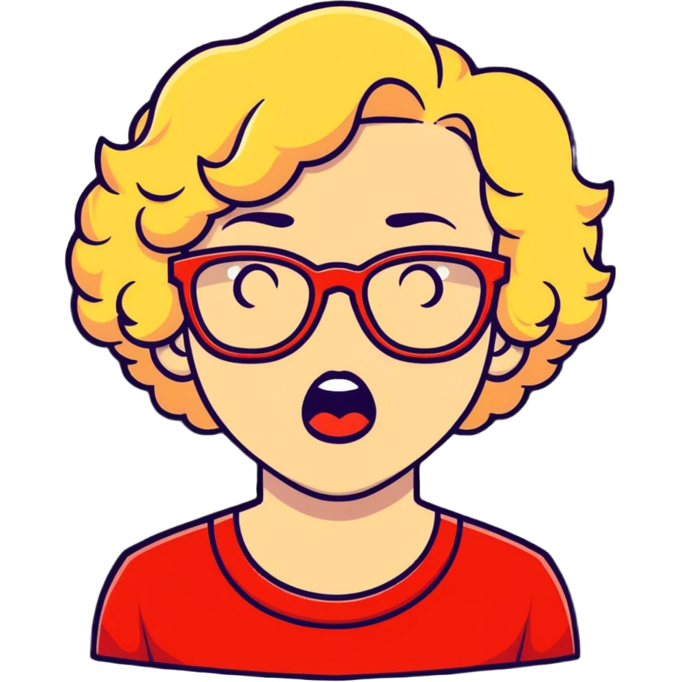 Blonde woman with short curly hair, slightly overweight, wearing red-framed glasses, shouting with hands on both sides of her mouth emoji