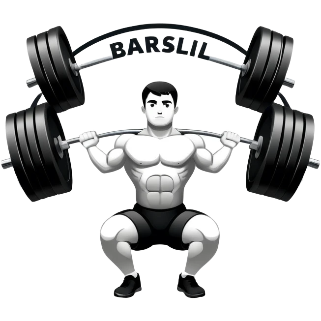 Powerlifting emblem featuring a stylized barbell with heavy weights, bold and strong font, dynamic lines, and muscular silhouette. Clean, modern, and impactful design, suitable for representing the strength and power of the sport. Transparent background. emoji