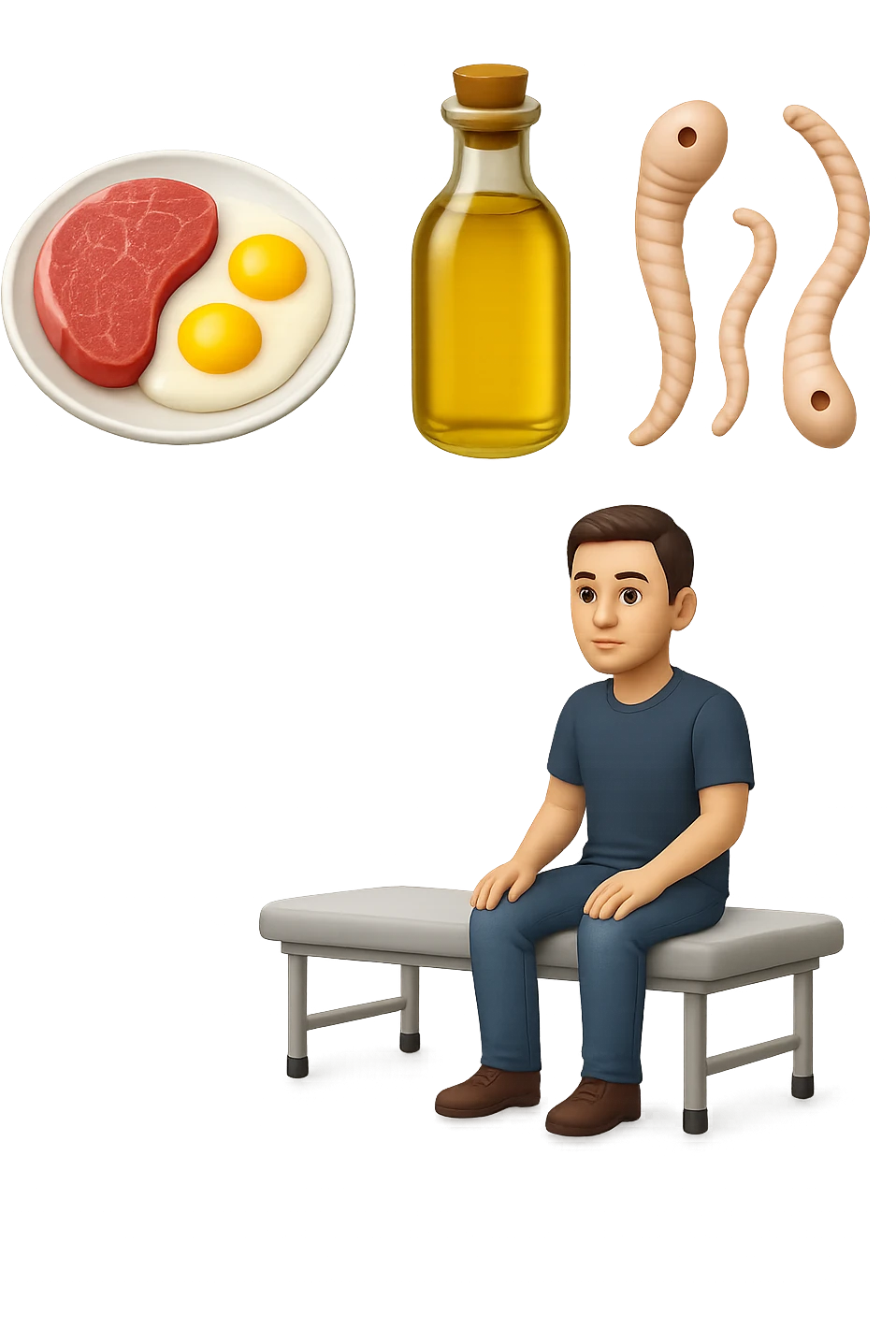 emoji stile iphone di UN PIATTO CON CARNE ROSSA E UOVA, UNA BOTTIGLIA DI OLIO DI SEMI, DUE PARASSITI TIPO LA TENIA, UOMO SEDUTO SU UN LETTINO DA FISIOTERAPISTA, IPERREALISTICO 4K emoji
