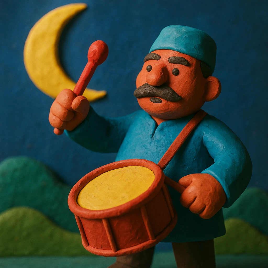claymation style sahur drummer, crescent moon in background, vibrant colors emoji