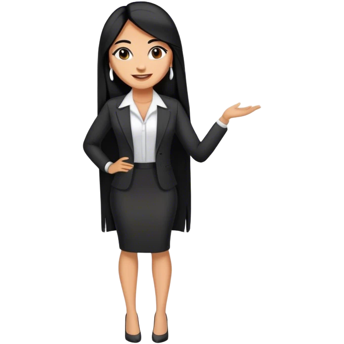 beautiful woman boss, with long straight black hair, with make up, black eye liner, smile, mexican, brown skin, wearing beautiful profesional outfit and white earings, full body emoji