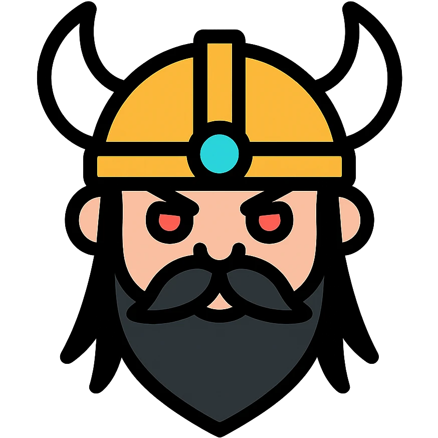 dwarf with viking helmet, red eyes, long black hair, and a black handlebar mustache emoji