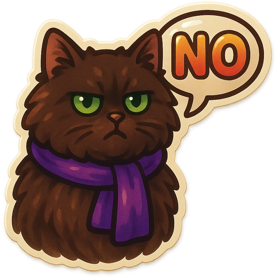 Fluffy dark-brown cat with green eyes and a purple scarf saying ‘NO’ (with a speech bubble) emoji