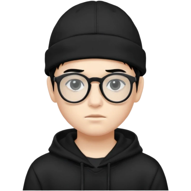teenage boy (black hair, white skin, black eyes) wearing black glasses (nerd) and hide all his hair under a cap. wearing normal hoodie emoji