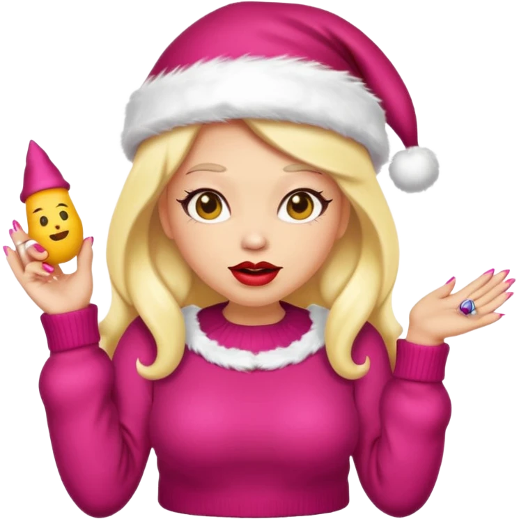 Sassy, cunty, girly Santa emoji with big lips, fake nails, and a sweater, and a santa hat (similar emoji style to uploaded). Yellow emoji. emoji