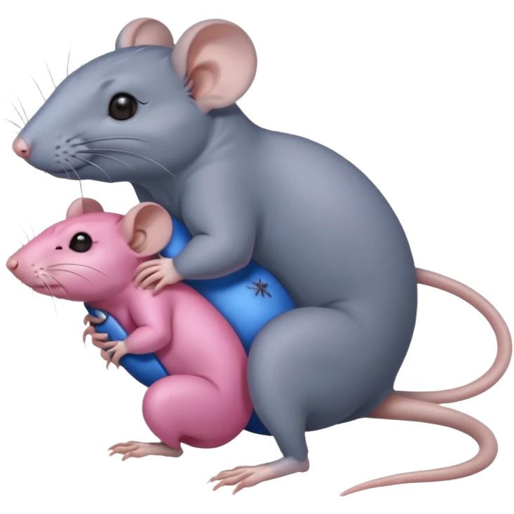 A male rat wearing blue and carrying in his arms a female rat wearing pink with small crabs on the floor around them emoji