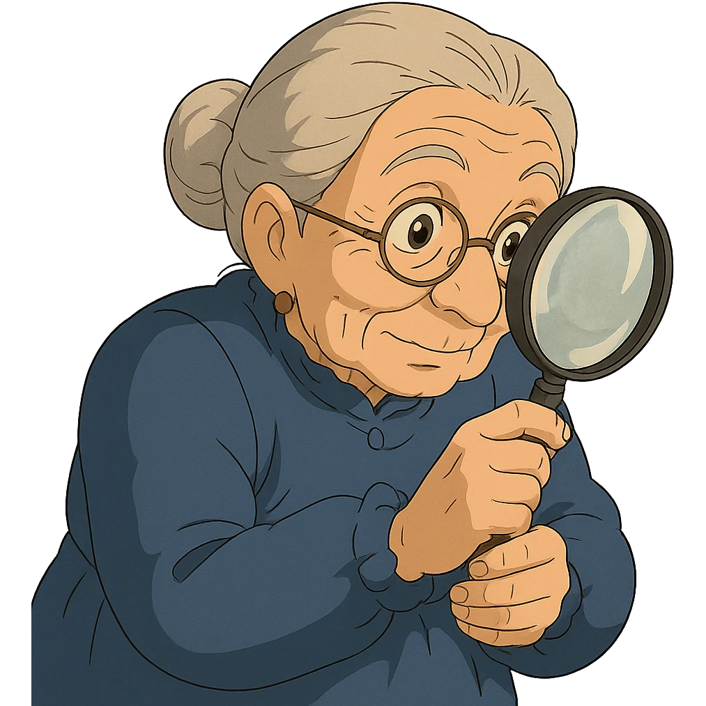 grandmother with glasses peering through a magnifying glass in ghibli style emoji