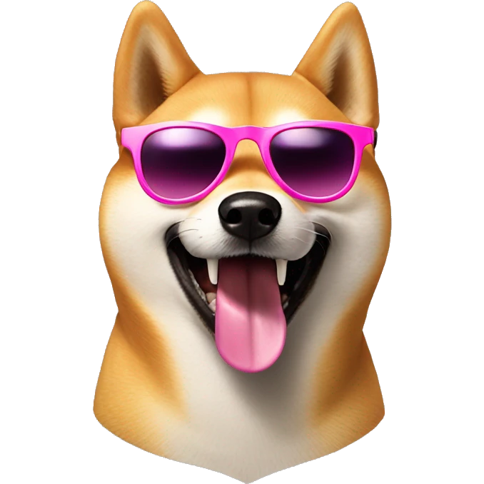 shiba inu wearing pink sunglasses, smiling with mouth open emoji