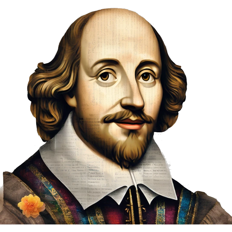 Shakespeare made of newspaper cuttings wearing flowers, stained glass, fairy lights, bokeh, annotated sketch, handwritten letters, collage of intricate patterns, lantern, bokeh, blur emoji