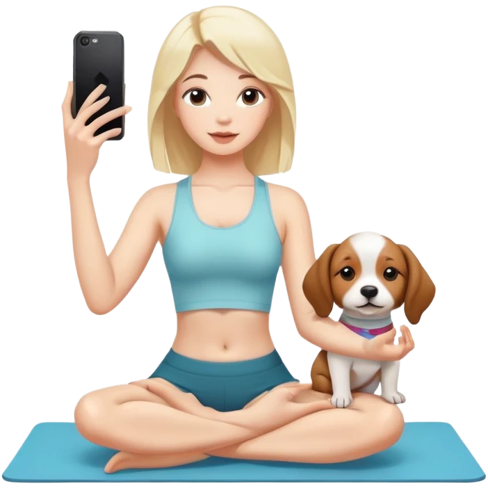 insta girlie doing yoga and puppy near her. she is taking selfie  emoji