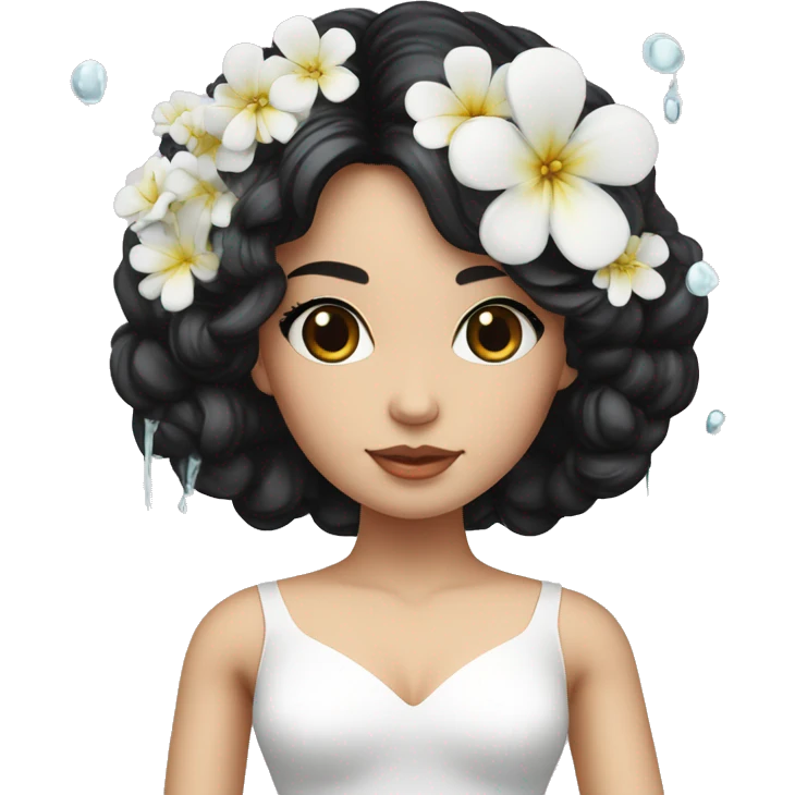 Pretty young Lady doll posing with black hair flowers in hair white dress surrounded by flowing water emoji