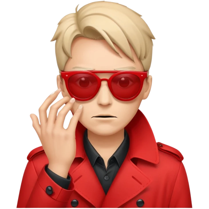 an evil fraudster in red sunglasses and a red trench coat who's hiding his face emoji
