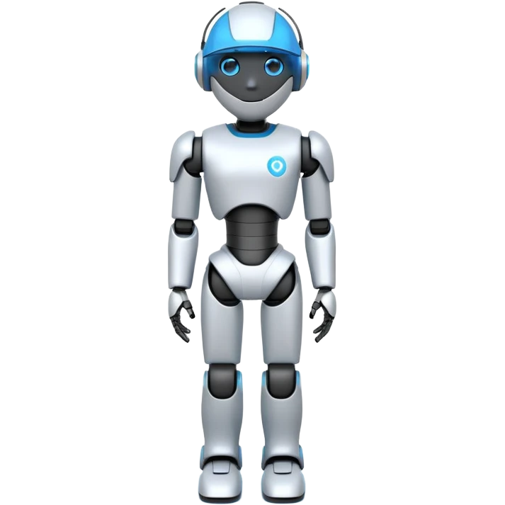 A 3D emoji-style humanoid robot with a white and gray body, black joints, and a glowing blue neon visor instead of a face. Futuristic and sleek design, simplified details for clarity at small emoji size, standing upright like a human emoji