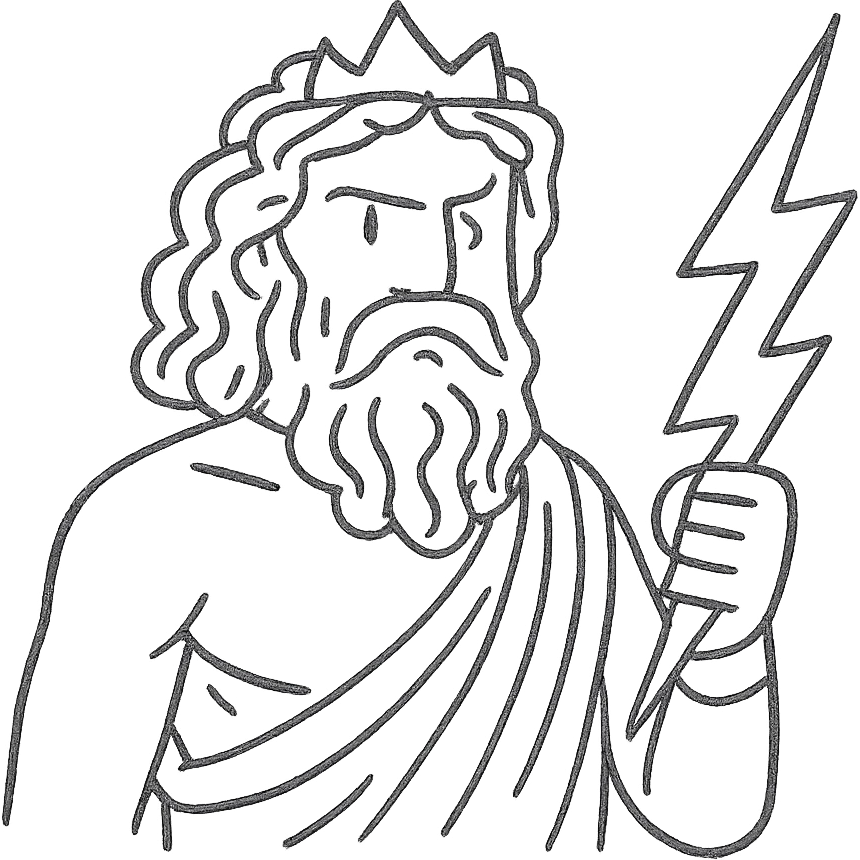 A detailed illustration of Zeus, the Greek god, with his beard, long curly hair, and regal attire, holding a lightning bolt emoji