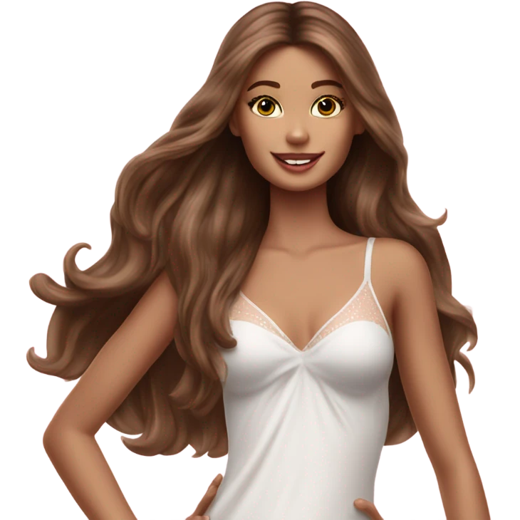 Hyper realistic Victoria’s Secret model with long brown hair waving bye emoji