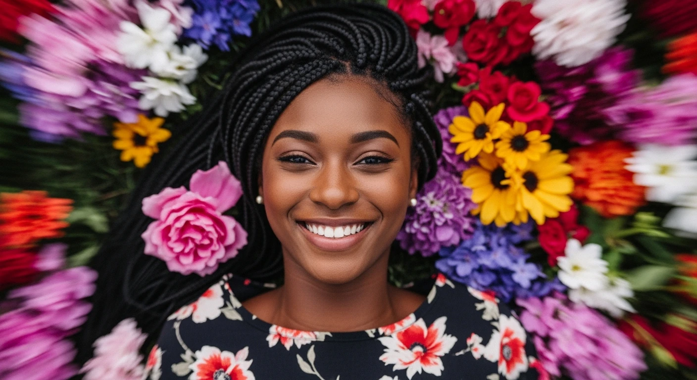 Camera drom top, Motion blur Extreme Closeup photo of a beautifull woman lay around beautifull colorfull flowers, cinematic light, 60/30/10 color rule, 8K, very detailed, sharp, depth (foreground, midground, background) inspired by La La Land emoji
