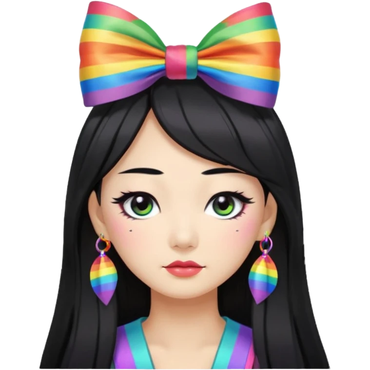 asian emoji face with long black hair with very thick black eyeliner and rainbow bow on head and tacky emoji